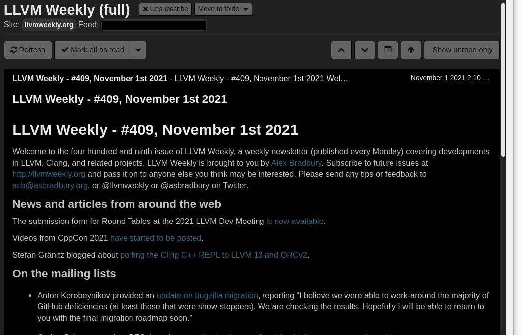 LLVM Weekly RSS feed, expanded by Feed Bloater, and viewed in The Old Reader.
